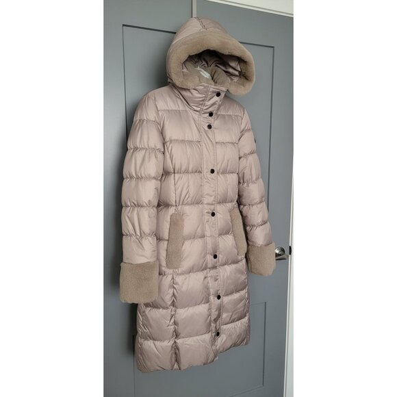 Long Puffer Coat with Fur Trim and Hood Laundry By Shelli Segal - Picture 1 of 9
